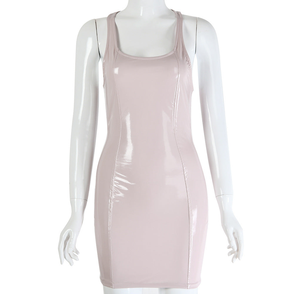 Sexy PU-Lederkleid mit Trägern und Rundhalsausschnitt